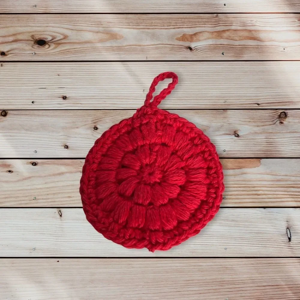 Hand Crafted Crochet Puff Face Scrubby’s 4 Pack Hook Handle Red white pink gold